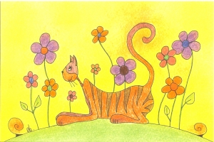 Carte postale : Chat et fleurs : Impression sur papier cartonné - Dimension : 10 cm X 15 cm - Prix : 1 € la carte -        8 € la série complète