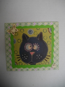 Carte Chat : Dessin peint à la peinture acrylique, puis imprimé sur papier. - Collage, superposition de papiers et accessoires de décoration.