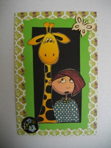 Carte Fillette et Girafe : Dessin au feutre, colorisé sur ordinateur, puis imprimé sur papier. - Collage, superposition de papiers et accessoires de décoration.