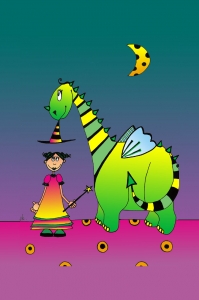 La dresseuse de dragon : Dessin au feutre, colorisé sur ordinateur. - 10 cm X 15 cm
