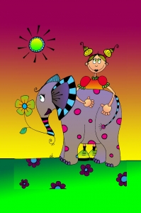 La fillette et son éléphant : Dessin au feutre, colorisé sur ordinateur. - 10 cm X 15 cm