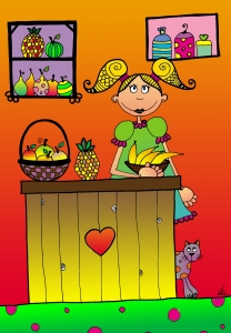 La Vendeuse de Fruits : Dessin au feutre, colorisé sur ordinateur. - 10 cm X 15 cm