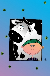 Le Garçon et sa Vache : Dessin au feutre, colorisé sur ordinateur. - 10 cm X 15 cm