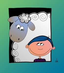 Le Garçon et son Mouton : Dessin au feutre, colorisé sur ordinateur. - 10 cm X 15 cm