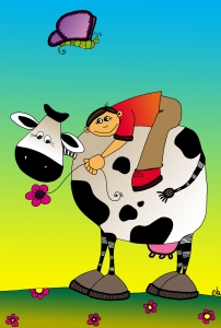 Le Garçon sur sa Vache : Dessin au feutre, colorisé sur ordinateur. - 21 cm X 29,7 cm