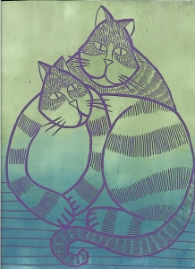 Couple de chat : Technique : Gravure sur lino  - (3 plaques) - 23 cm X 30 cm