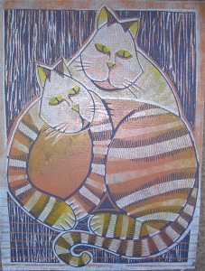 Couple de chat : Technique : Gravure sur lino  - (3 plaques) - 23 cm X 30 cm
