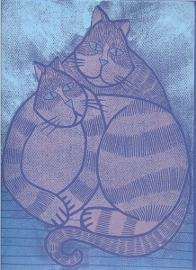 Couple de chat : Technique : Gravure sur lino  - (3 plaques) - 23 cm X 30 cm