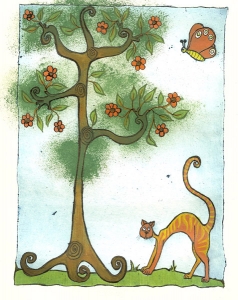 L'arbre et le chat : Technique : Eau forte - Retouché au feutre noir et à l'acrylique - 15 cm X 20 cm