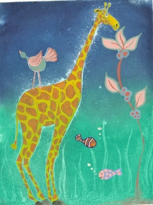 La girafe : Gravure avec diverses techniques : eau forte, aquatinte et crayon gras. - Retouché à l'acrylique - 26 cm X 20 cm