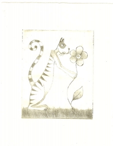 Le chat et la fleur : Technique : Pointe sèche - 8 cm X 10 cm