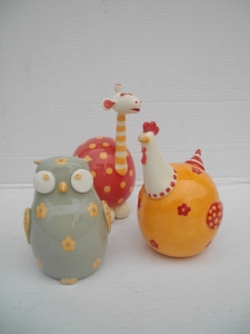 Animal Boule : Chouette, Girafe, Poule - Hauteur : 12 cm - Prix : 30 €